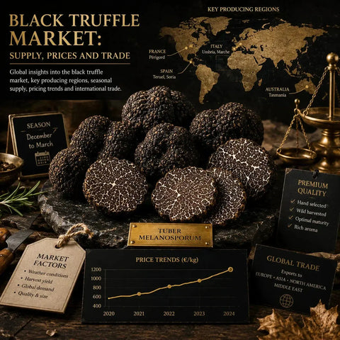 Black truffle market with fresh Tuber melanosporum illustrating supply, prices and international trade