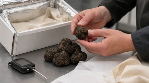 Fresh truffles inspected beside insulated packaging during a professional receiving assessment