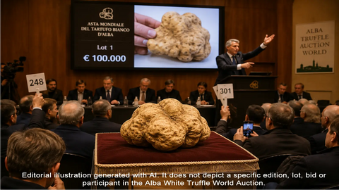 AI-generated editorial illustration of an Alba white truffle charity auction, not a photograph of a specific event