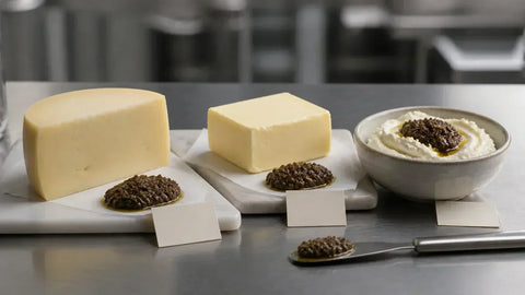 Minced summer truffle samples beside cheese, butter and a dairy spread on a development bench