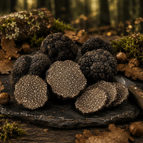 Winter Truffle (Tuber brumale) guide showing fresh whole and sliced black winter truffles on a rustic stone board