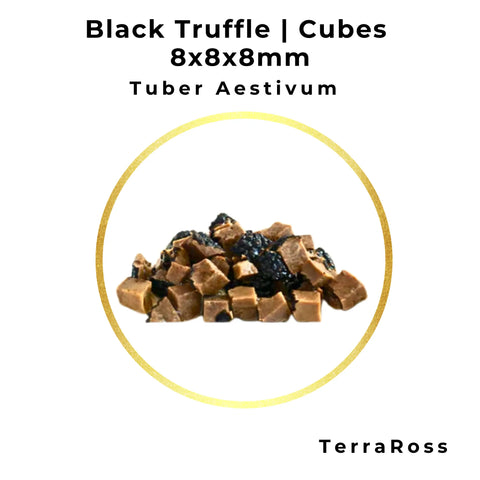 Black summer truffle cubes measuring 8 × 8 × 8 mm in brine