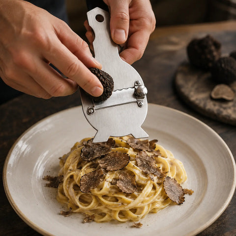 Adjustable stainless steel truffle slicer creating thin fresh truffle shavings over warm pasta