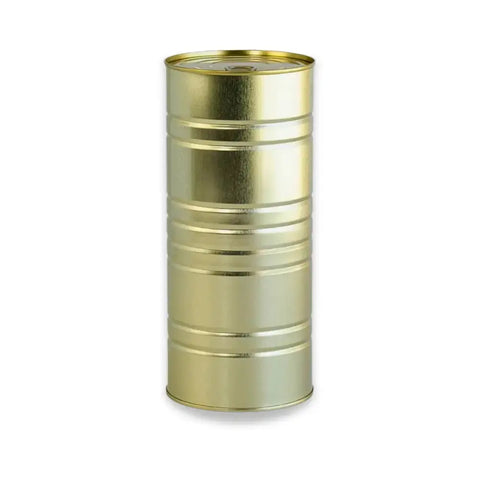 Gold cylindrical tin canister with ribbed design and lid for black truffle cubes 5x5x5 in brine