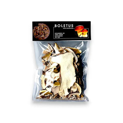 Dried porcini mushrooms snack bag with colorful textures and Boletus Edulis label