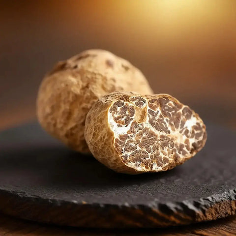 Fresh Tuber borchii EXTRA Grade truffles with one cut specimen showing the naturally veined brown interior