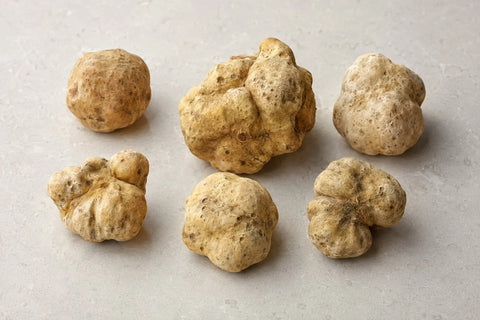 Whole fresh Tuber magnatum white truffles showing natural variation in size, shape and exterior colour