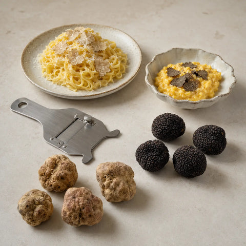 Fresh white and black truffles beside simple dishes prepared for shaving and serving