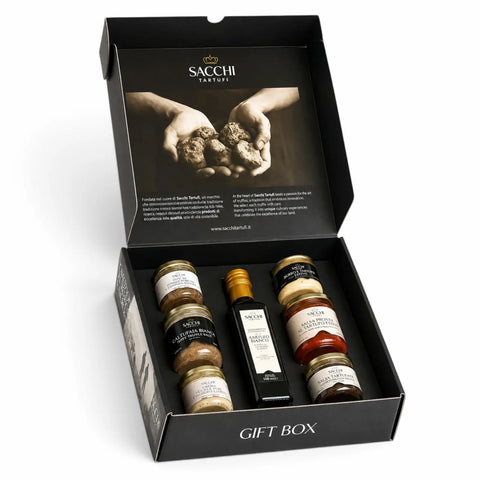 Open Luxury truffle gift box containing seven Italian truffle products