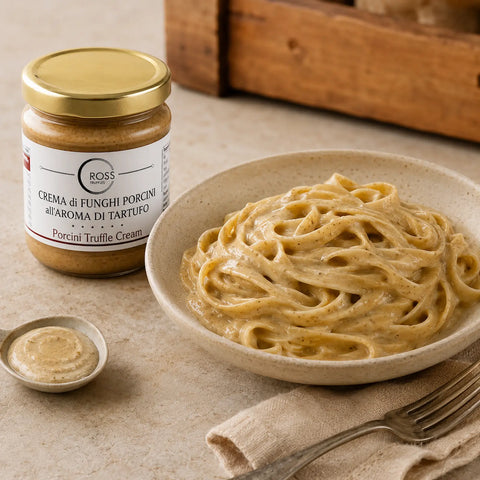 Porcini mushroom cream with Boletus edulis incorporated into warm creamy tagliatelle