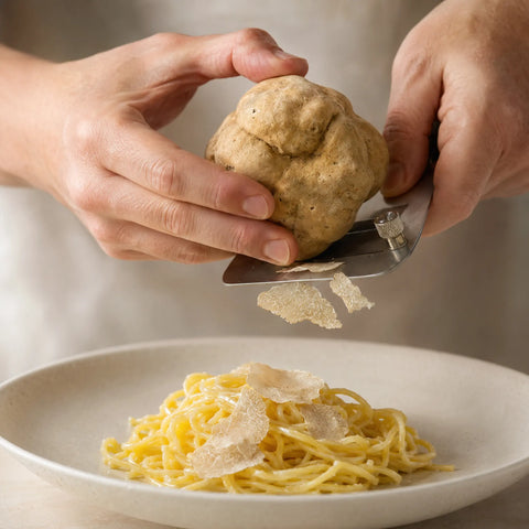 Big fresh Tuber magnatum white truffle shaved over warm tagliolini pasta at the table