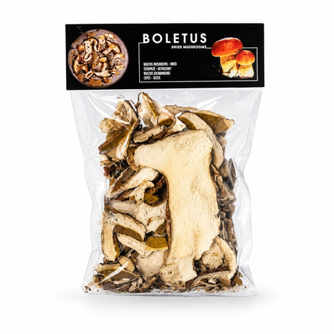 Terra Ross dried wild ceps porcini mushrooms in a clear plastic bag with black label featuring boletus branding