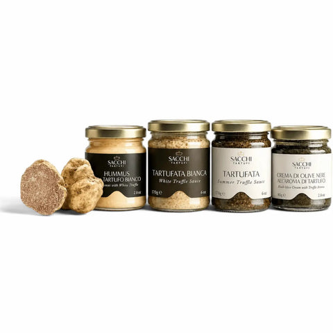 Trilogy gift box containing White Tartufata, Black Tartufata and white truffle Alfredo sauce in three 30 g jars