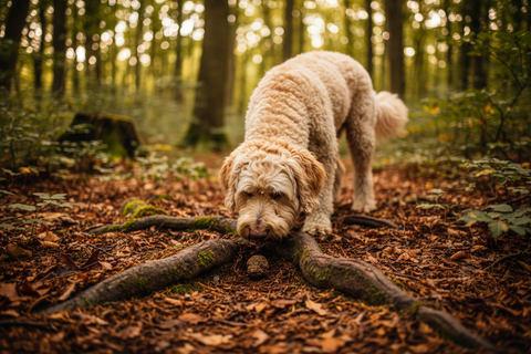 Dog completing a truffle scent recognition exercise in a woodland setting