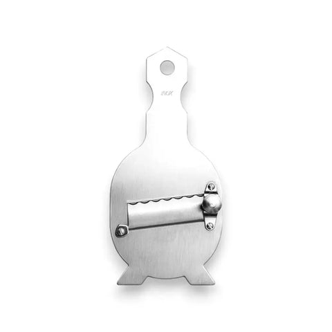 Stainless steel fish-shaped truffle shaver with serrated blade and hanging hole