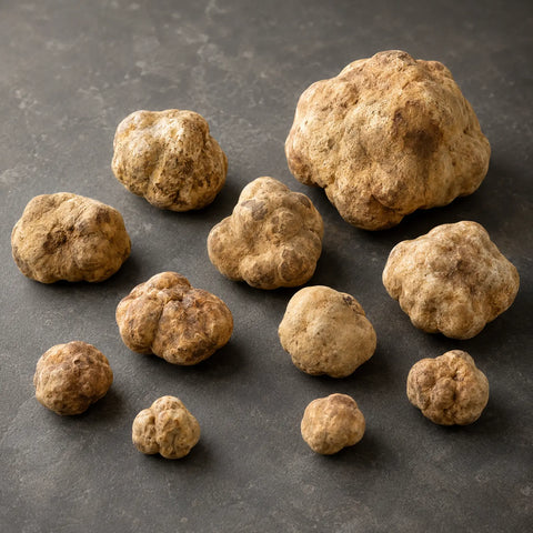 Fresh Tuber magnatum white truffles selected in different natural sizes and shapes