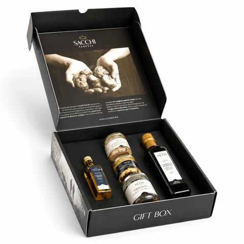 Vanity truffle gift box containing five white and black truffle-flavoured Italian products