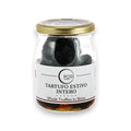 Glass jar of black truffles in brine with a gold lid for Tuber aestivum product